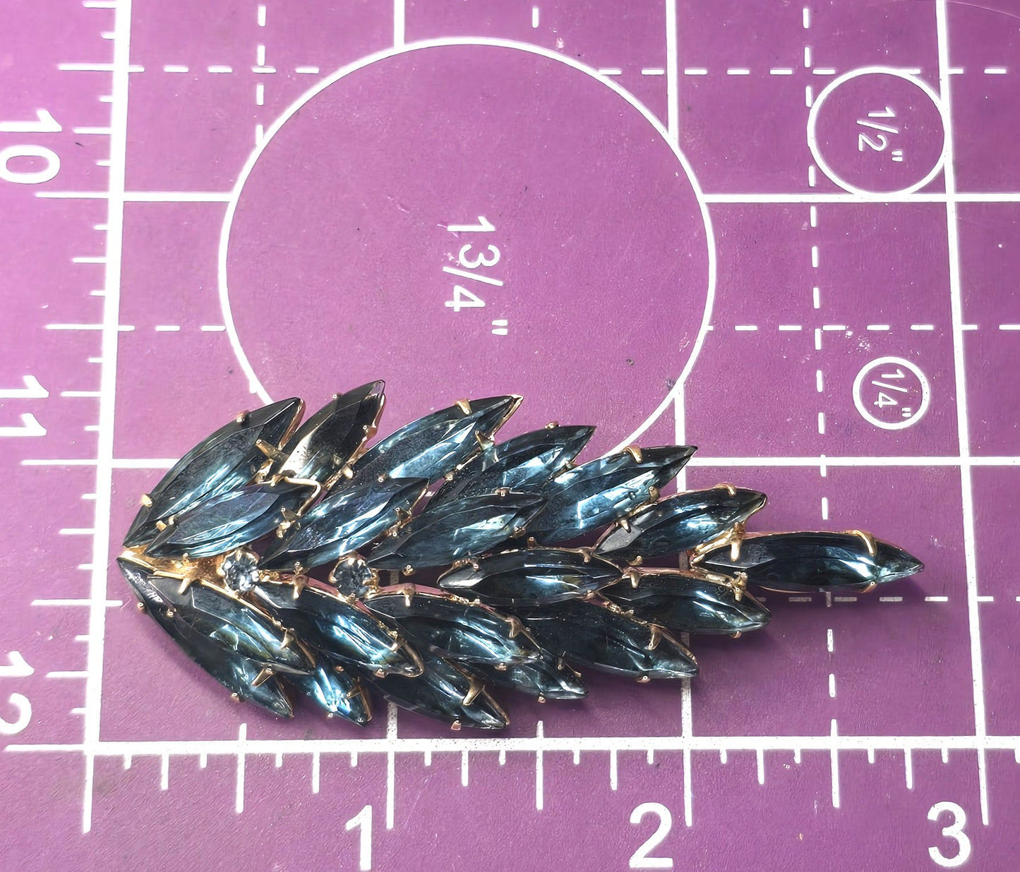 Designer Navy blue navette vintage rhinestone scatter brooch mid century