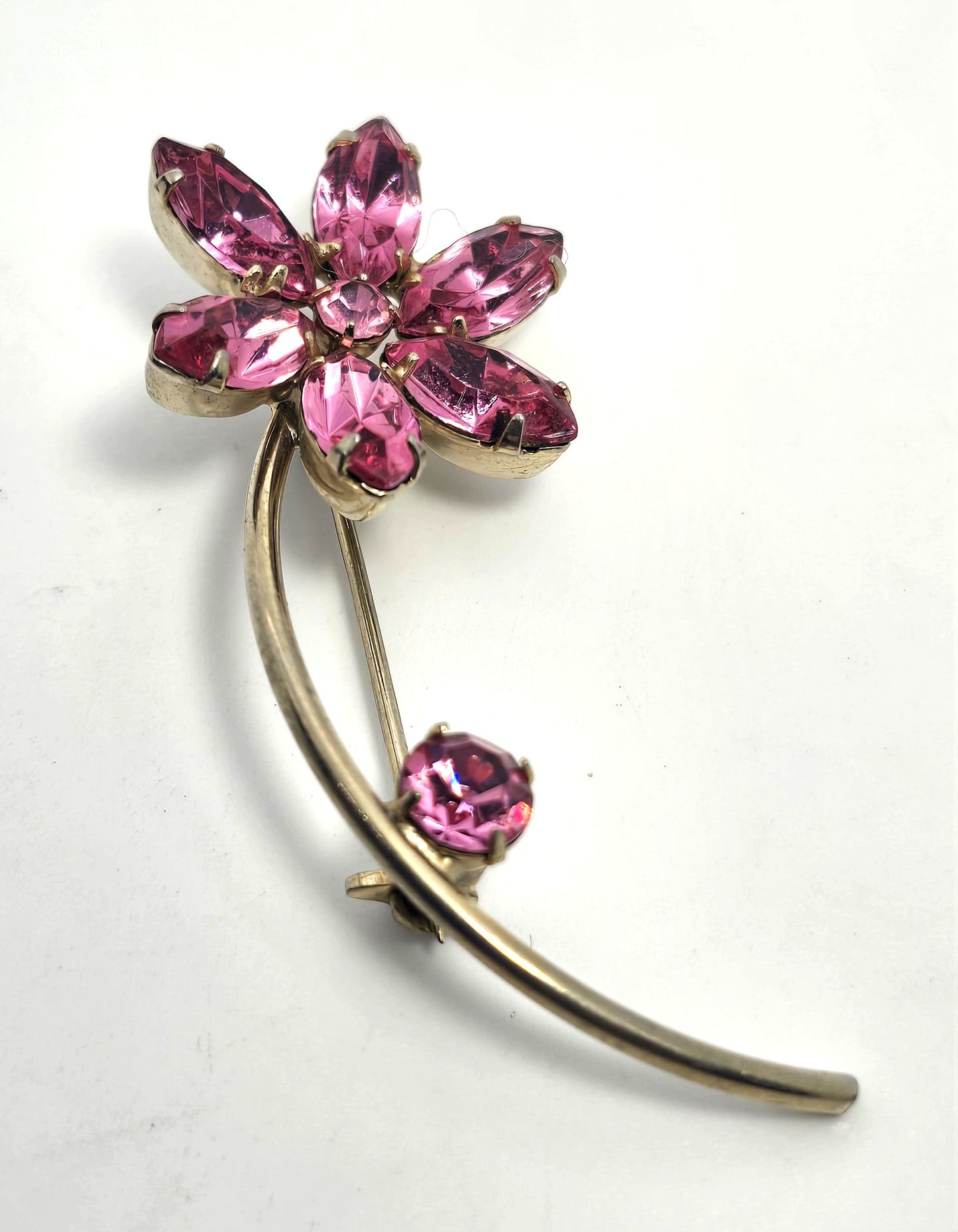 Pink rhinestone flower petal gold toned mid century vintage spray brooch