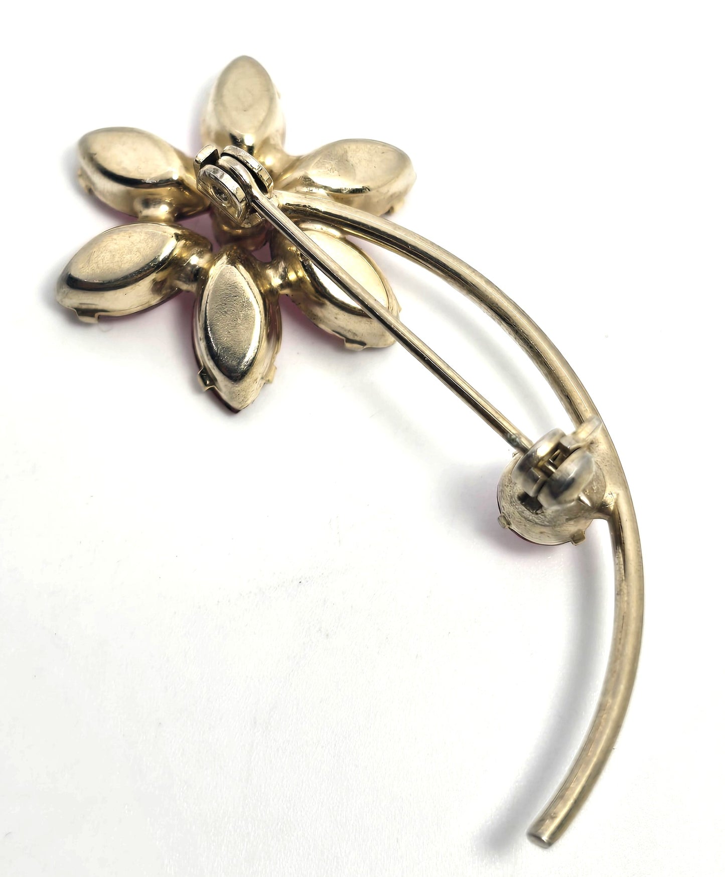 Pink rhinestone flower petal gold toned mid century vintage spray brooch