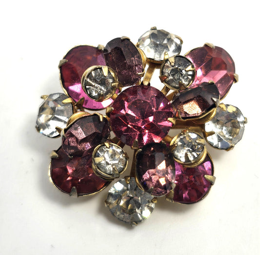 Pink and clear rhinestone vintage flower mid century brooch MCM