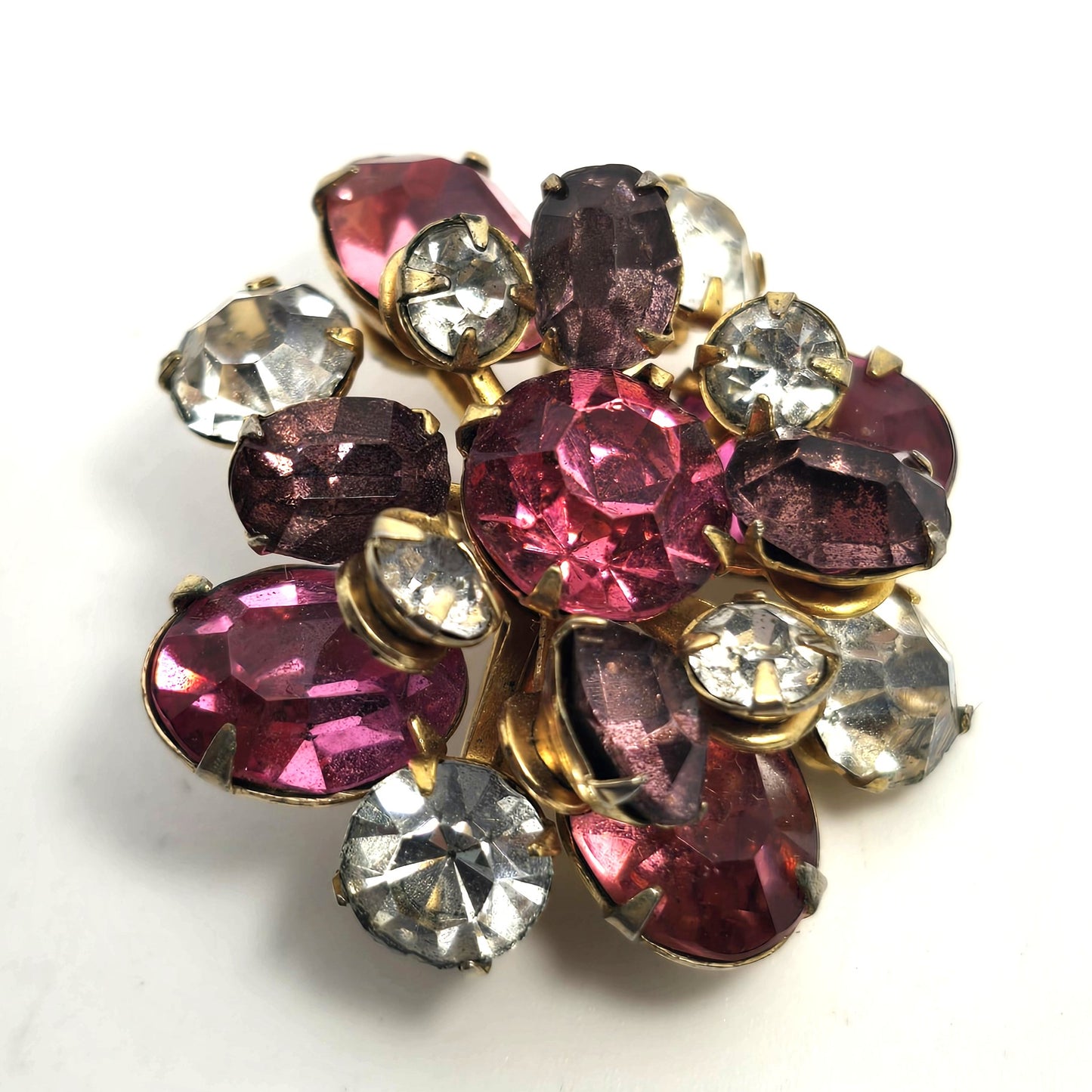 Pink and clear rhinestone vintage flower mid century brooch MCM