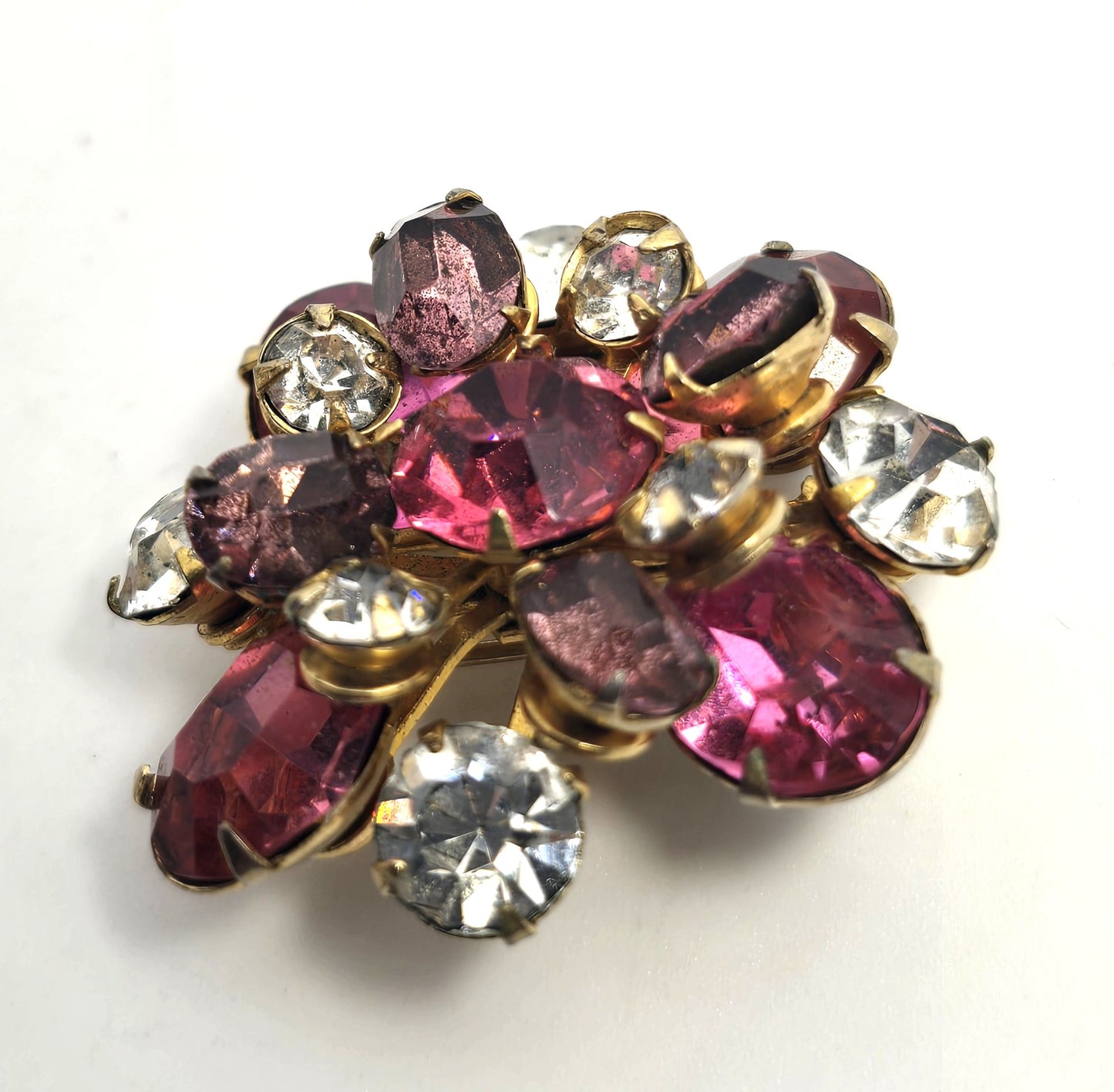 Pink and clear rhinestone vintage flower mid century brooch MCM
