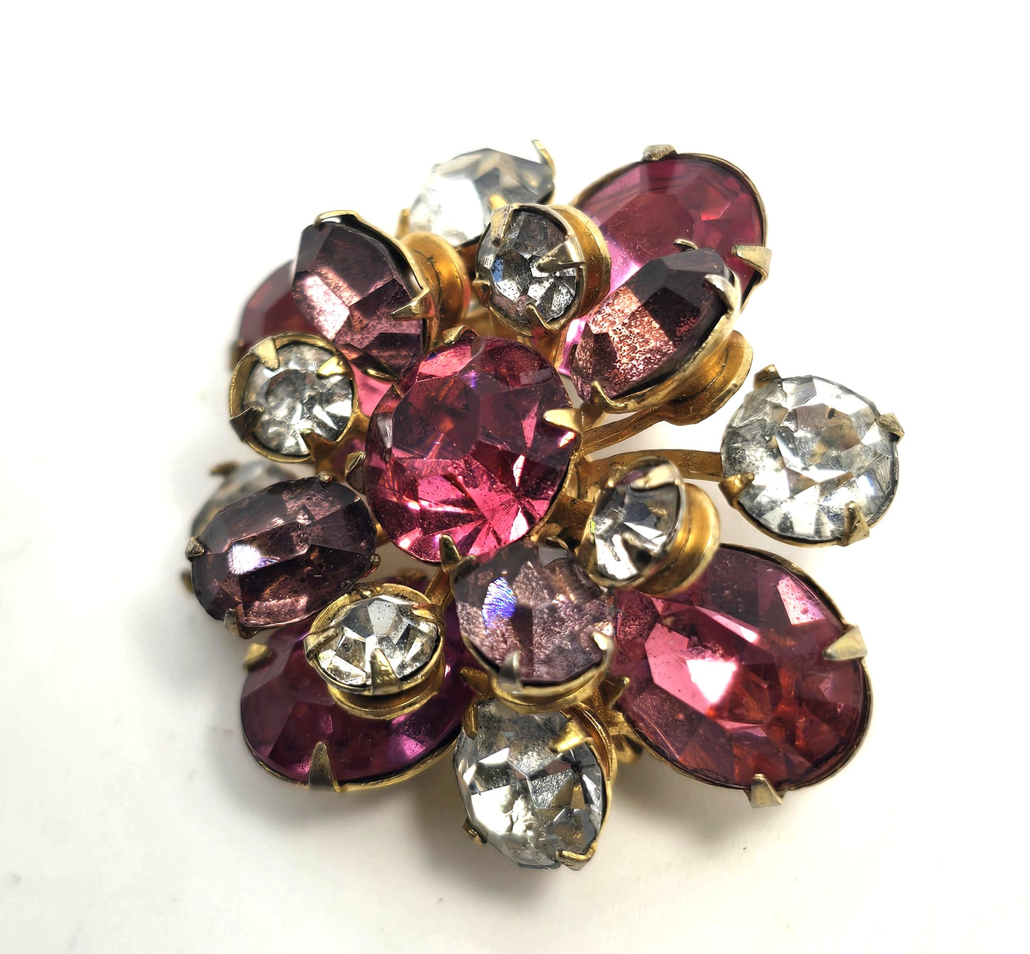 Pink and clear rhinestone vintage flower mid century brooch MCM