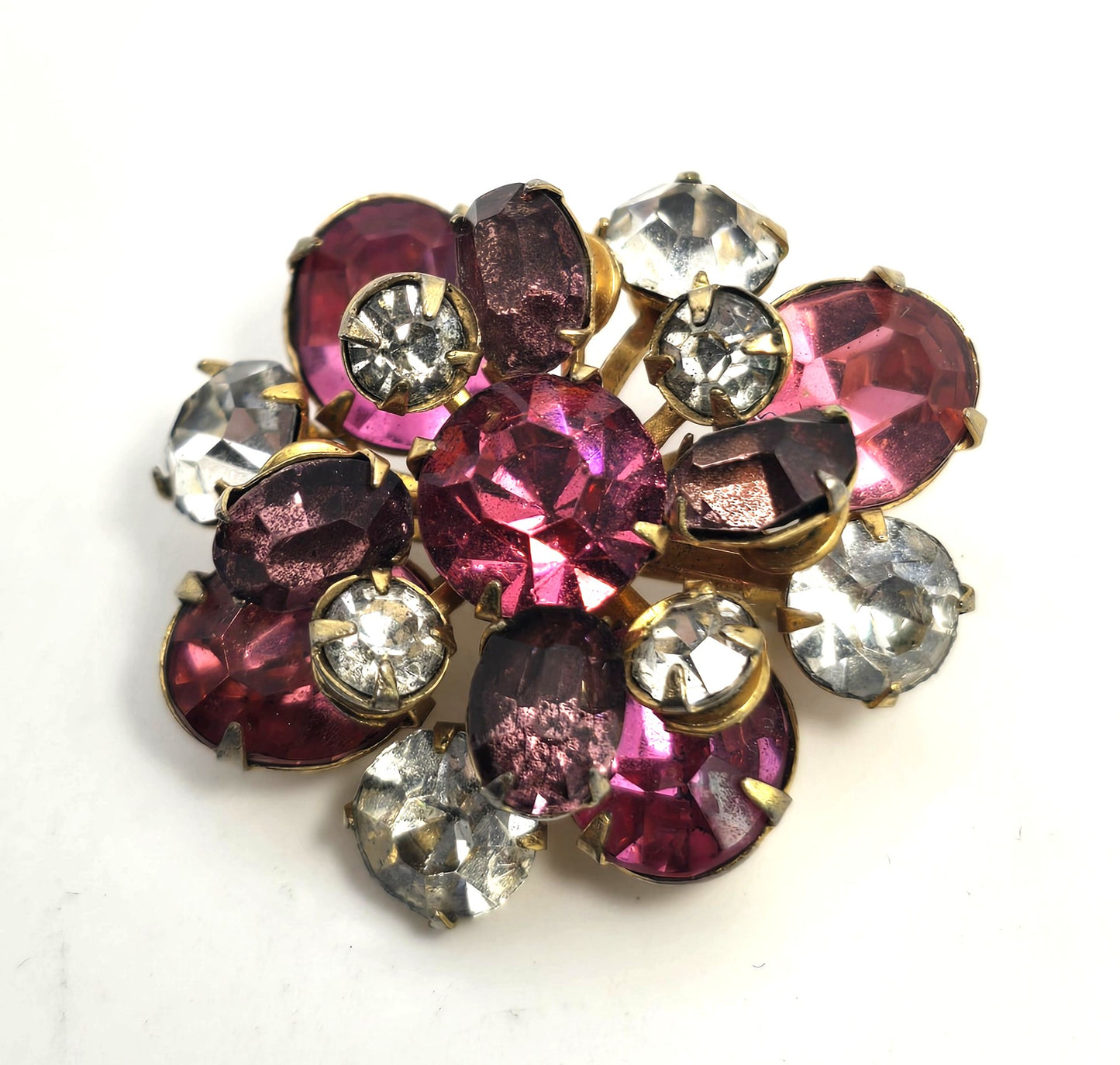 Pink and clear rhinestone vintage flower mid century brooch MCM