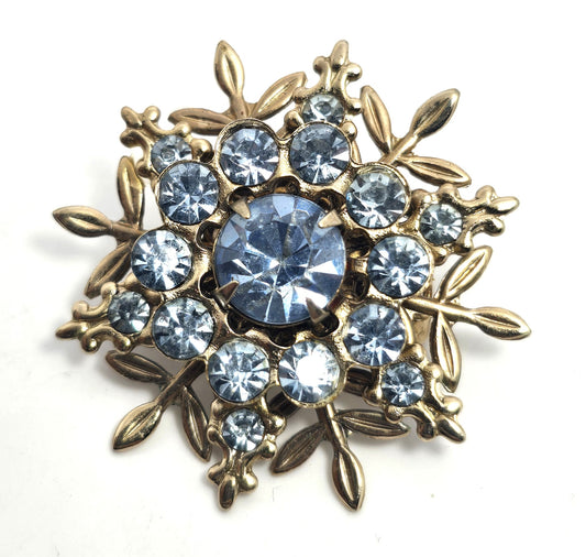 Baby blue gold toned snowflake winter vintage rhinestone brooch