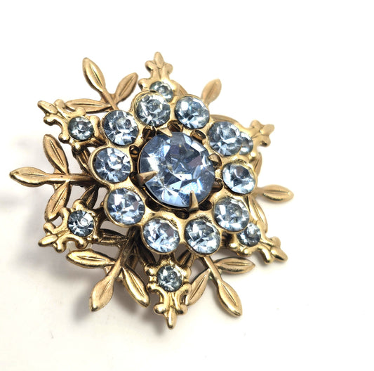 Baby blue gold toned snowflake winter vintage rhinestone brooch