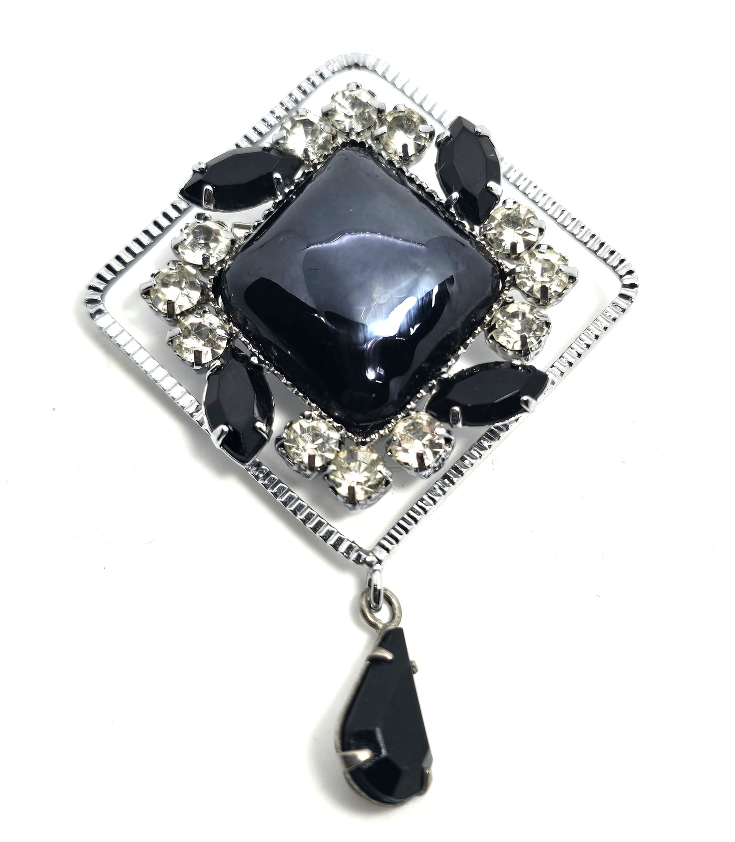 Black and silver rhinestone vintage large black glass diamond brooch