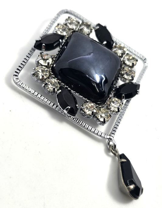 Black and silver rhinestone vintage large black glass diamond brooch