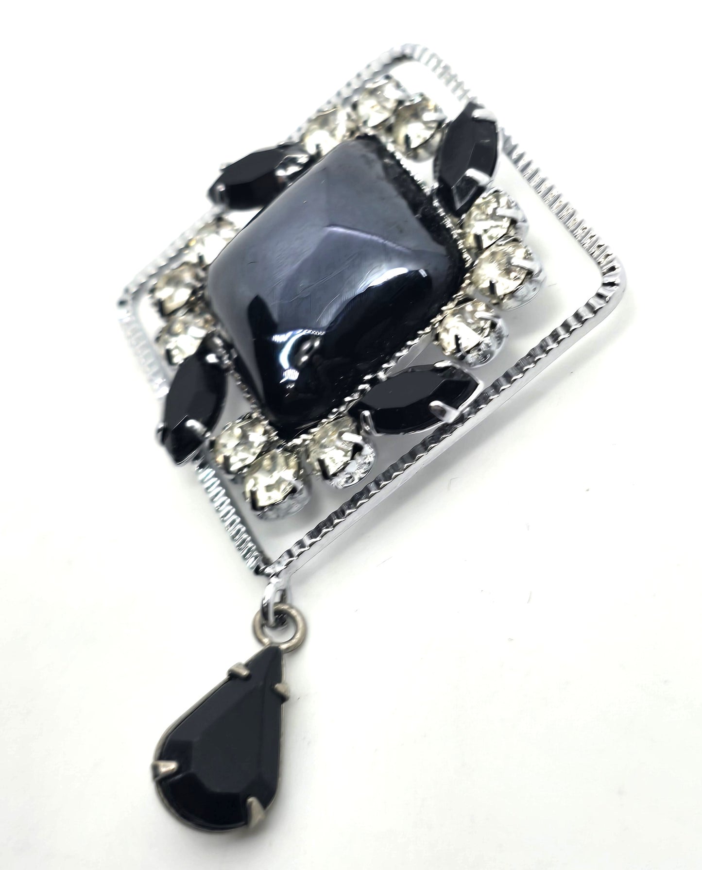 Black and silver rhinestone vintage large black glass diamond brooch