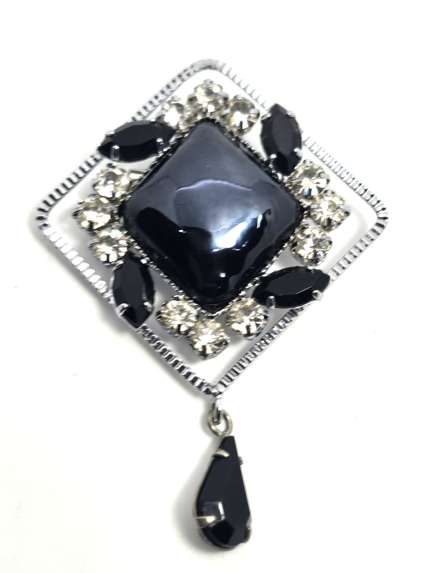 Black and silver rhinestone vintage large black glass diamond brooch