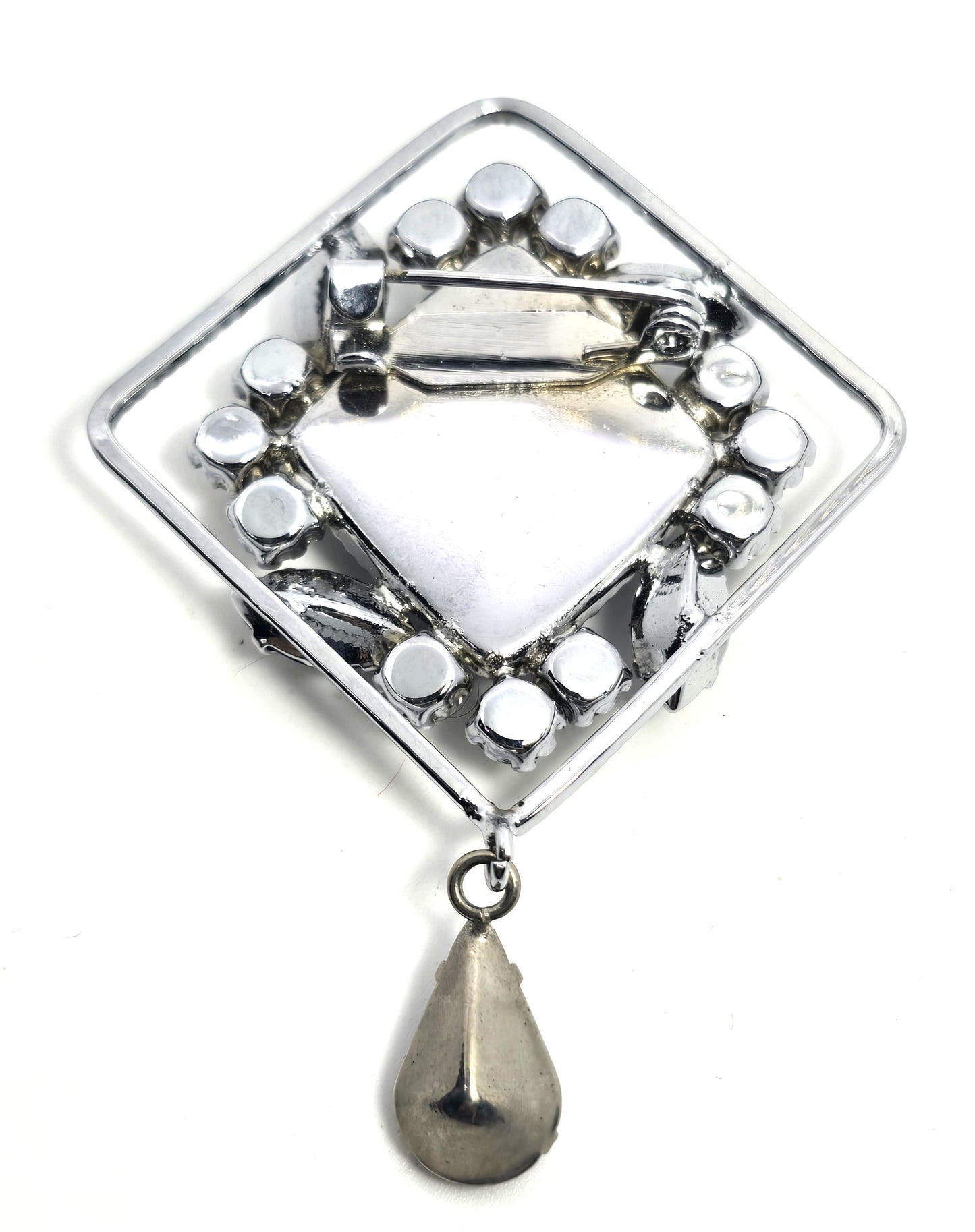 Black and silver rhinestone vintage large black glass diamond brooch