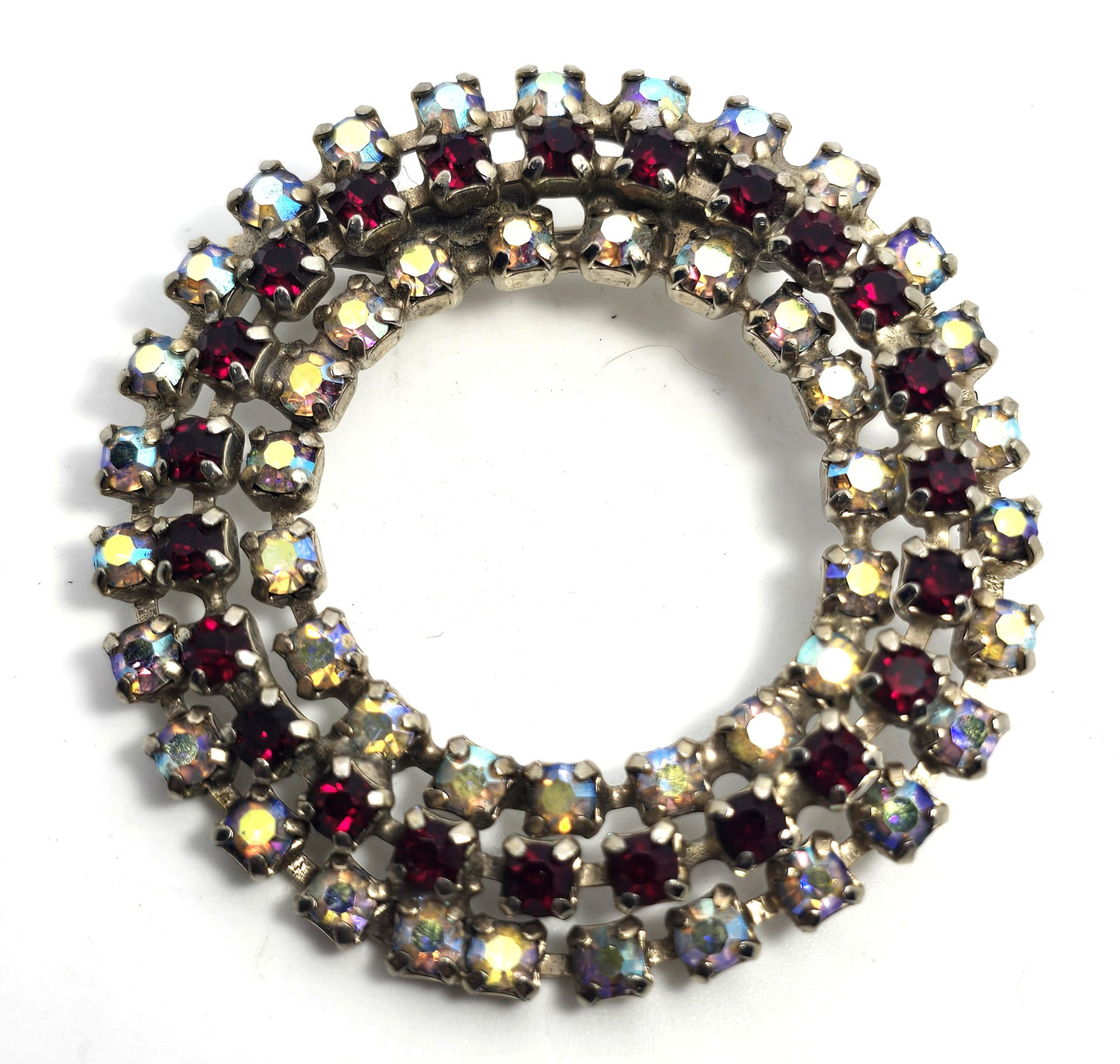 Aurora borealis and red rhinestone wreath vintage mid century circle brooch