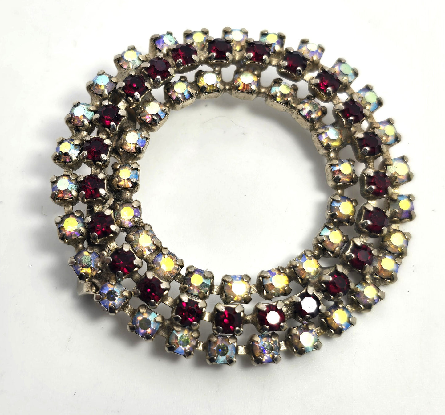 Aurora borealis and red rhinestone wreath vintage mid century circle brooch