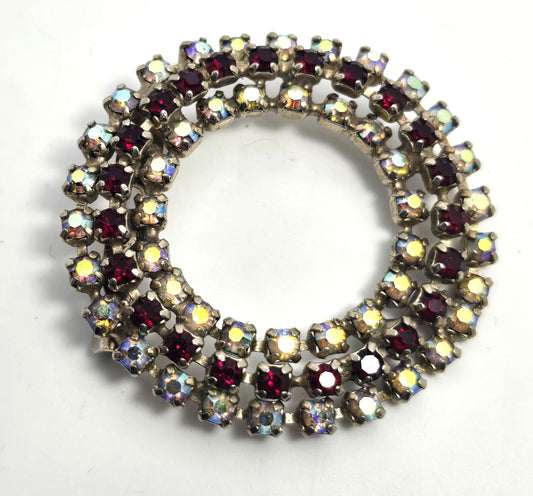 Aurora borealis and red rhinestone wreath vintage mid century circle brooch