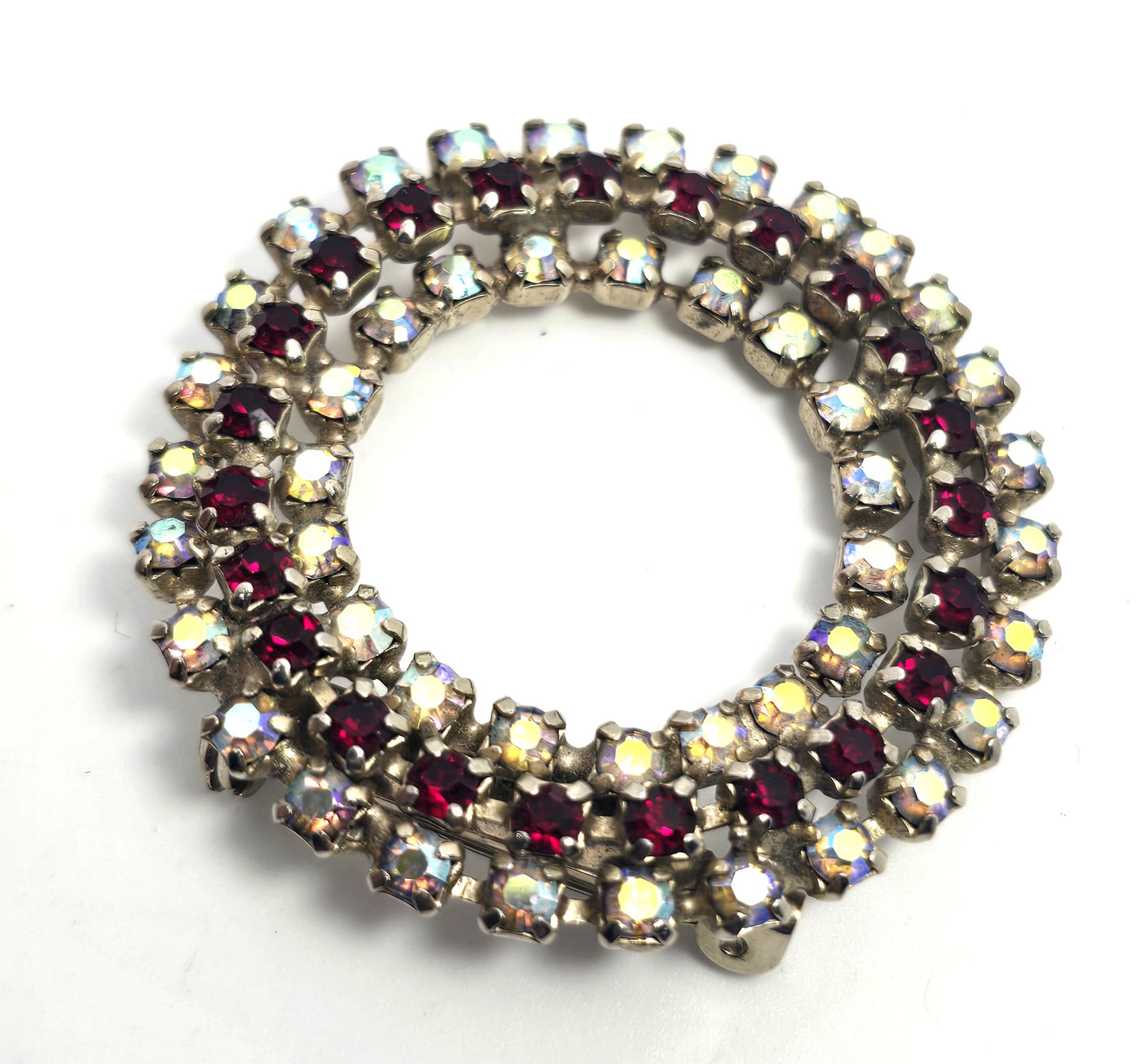 Aurora borealis and red rhinestone wreath vintage mid century circle brooch