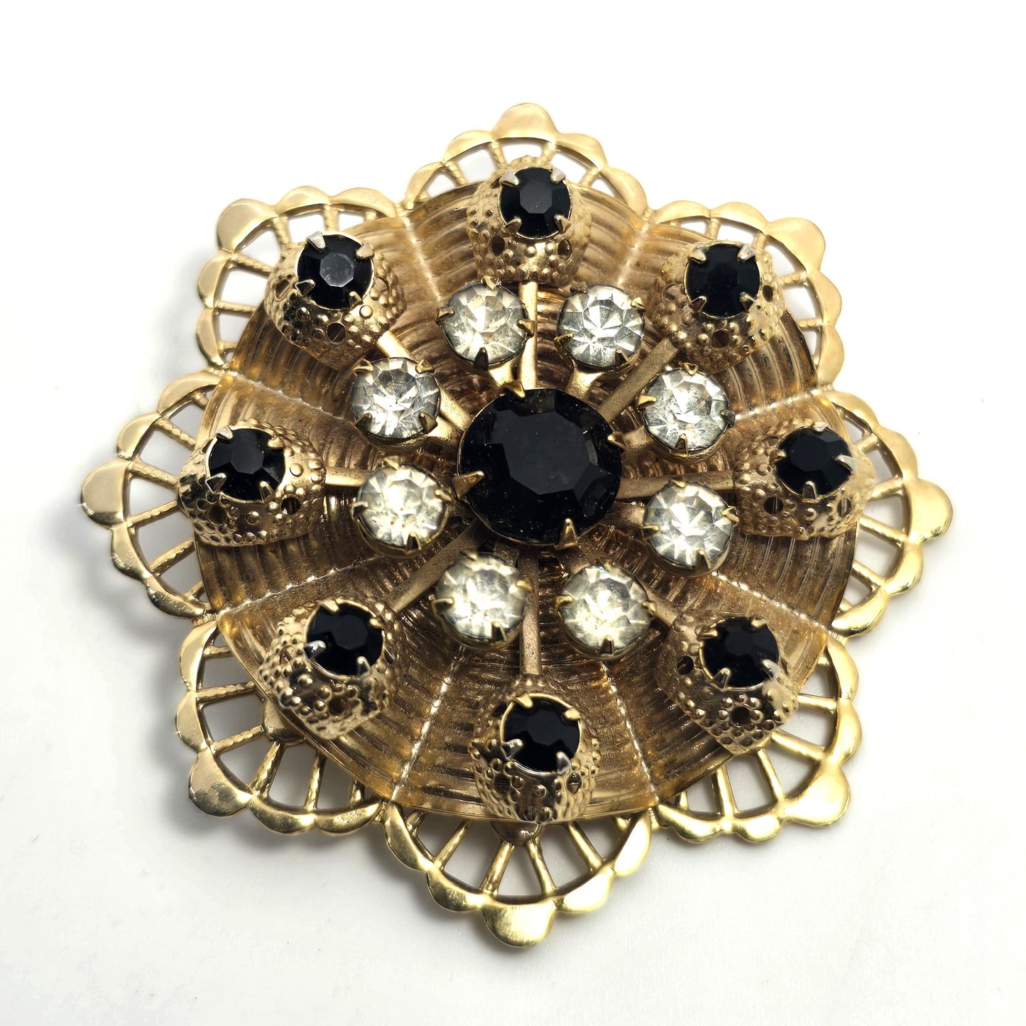 Black and gold molded flower rhinestone vintage large mid century brooch