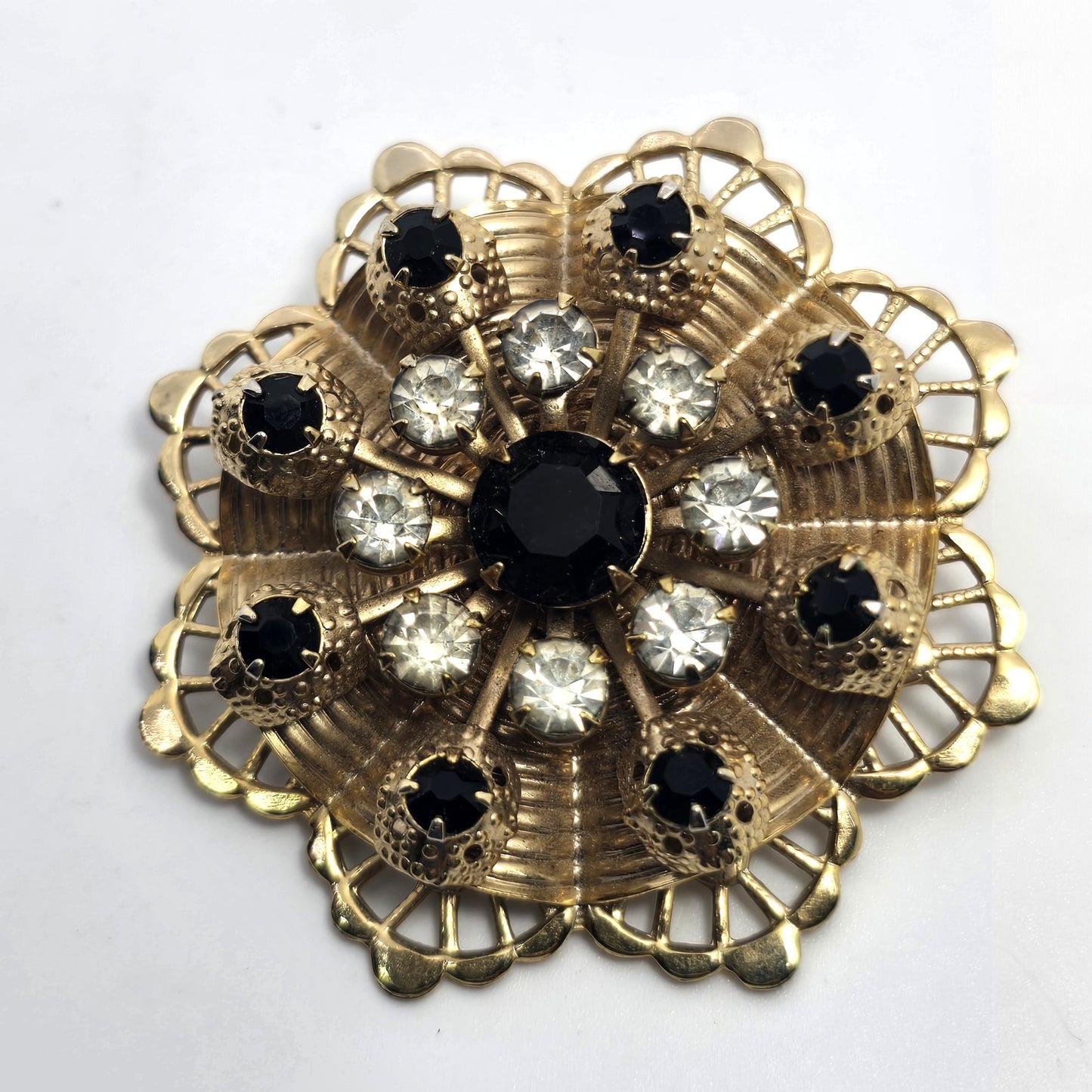Black and gold molded flower rhinestone vintage large mid century brooch