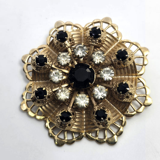 Black and gold molded flower rhinestone vintage large mid century brooch