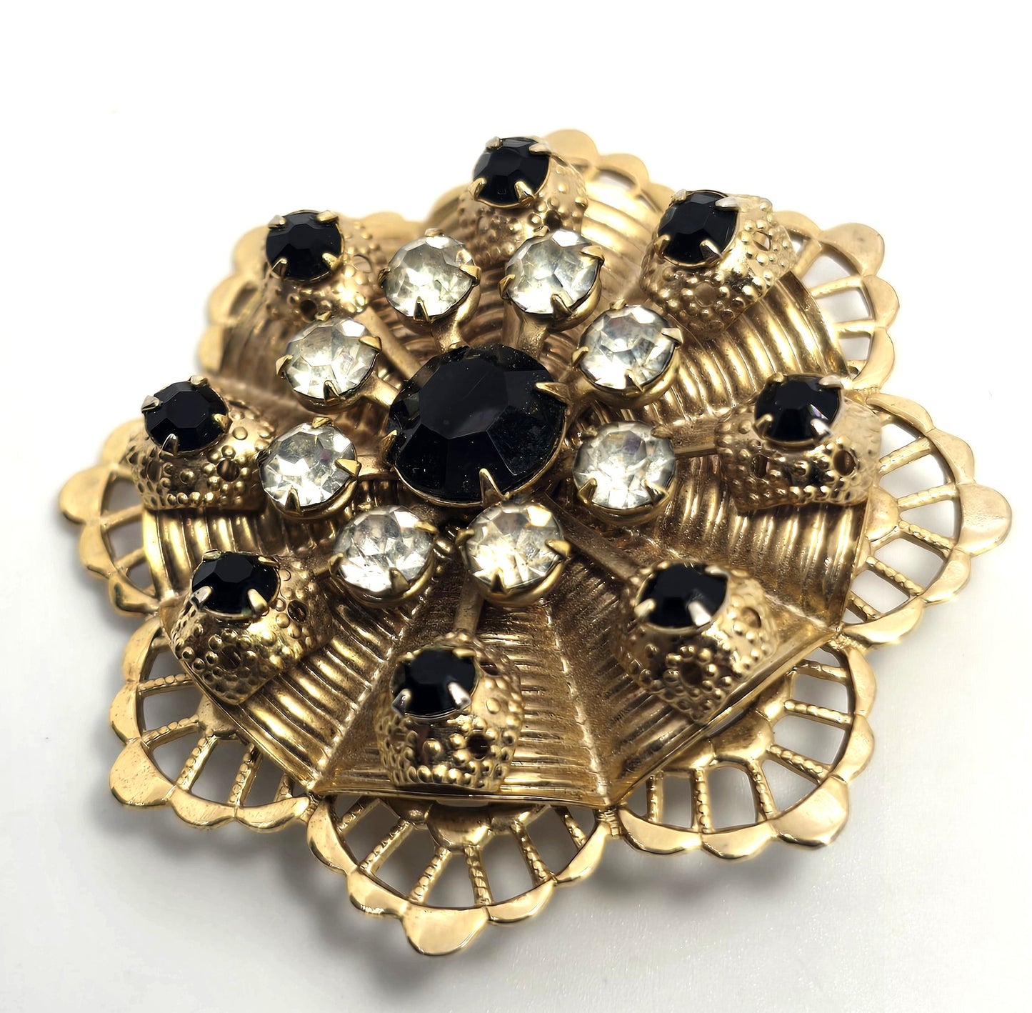 Black and gold molded flower rhinestone vintage large mid century brooch