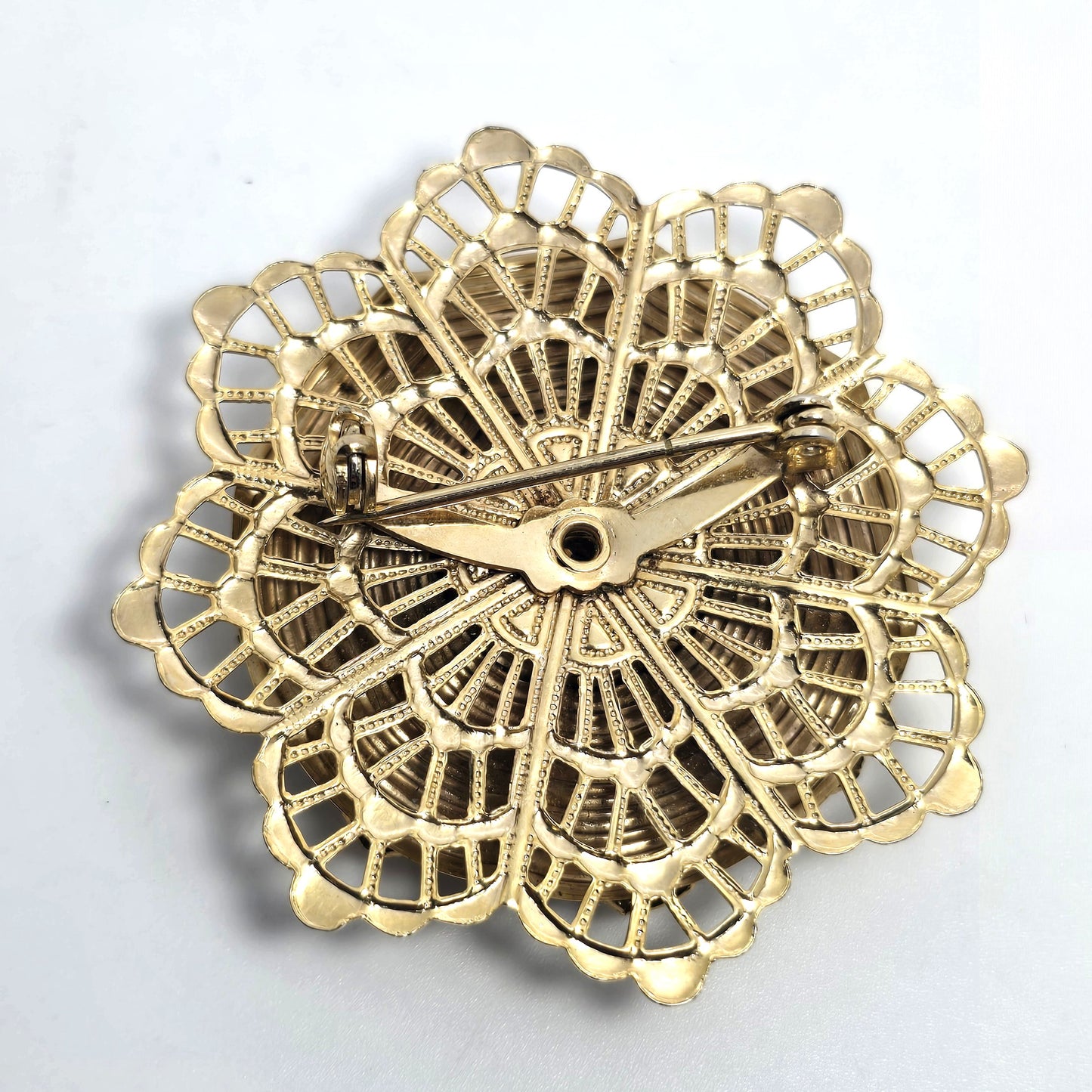 Black and gold molded flower rhinestone vintage large mid century brooch