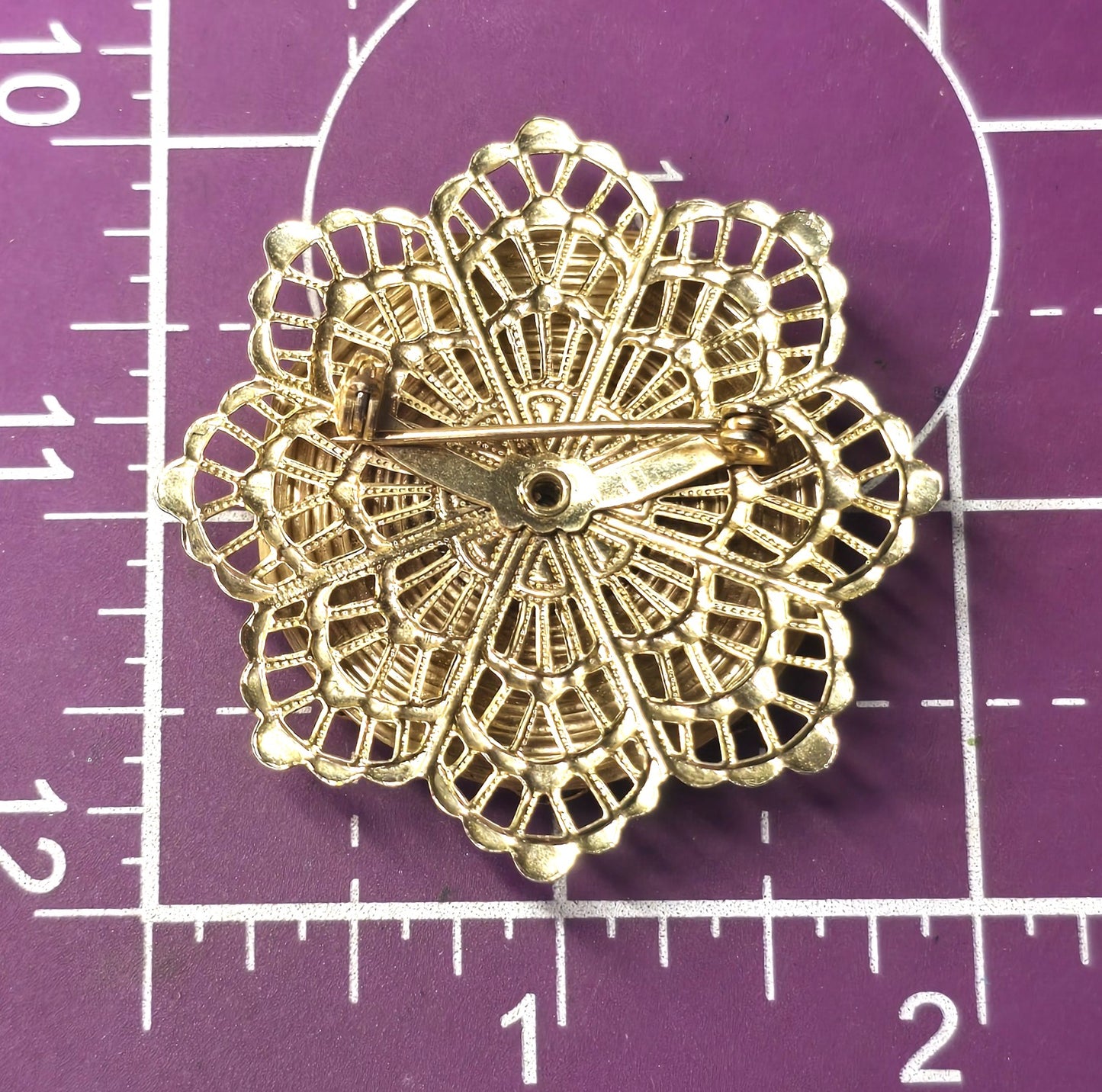 Black and gold molded flower rhinestone vintage large mid century brooch