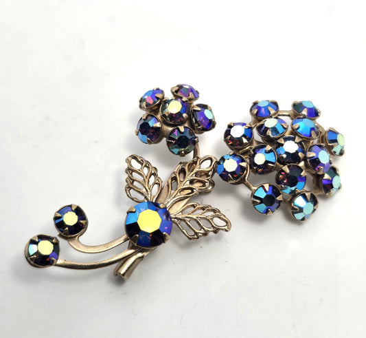 Peacock blue rainbow aurora borealis vintage rhinestone flower brooch
