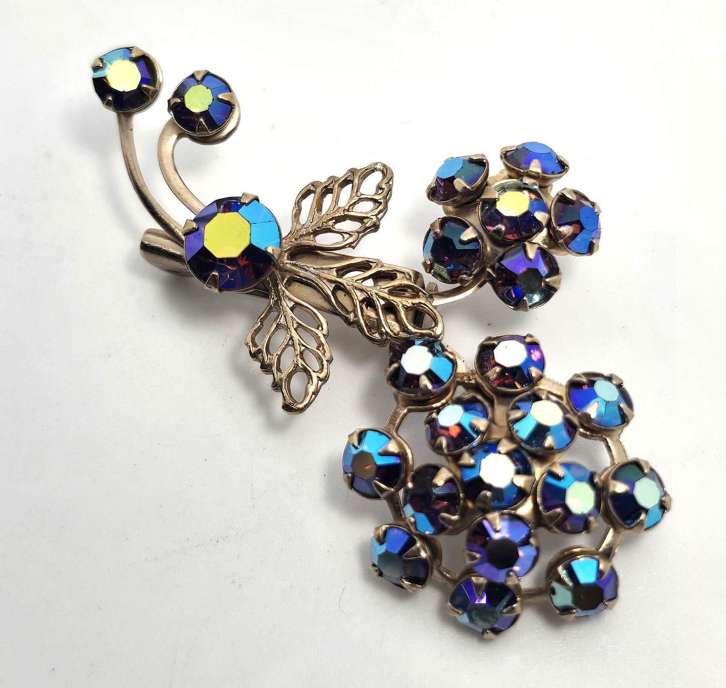 Peacock blue rainbow aurora borealis vintage rhinestone flower brooch