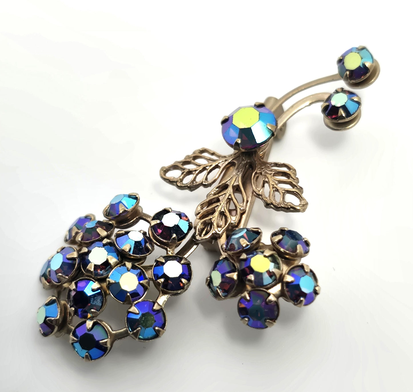 Peacock blue rainbow aurora borealis vintage rhinestone flower brooch