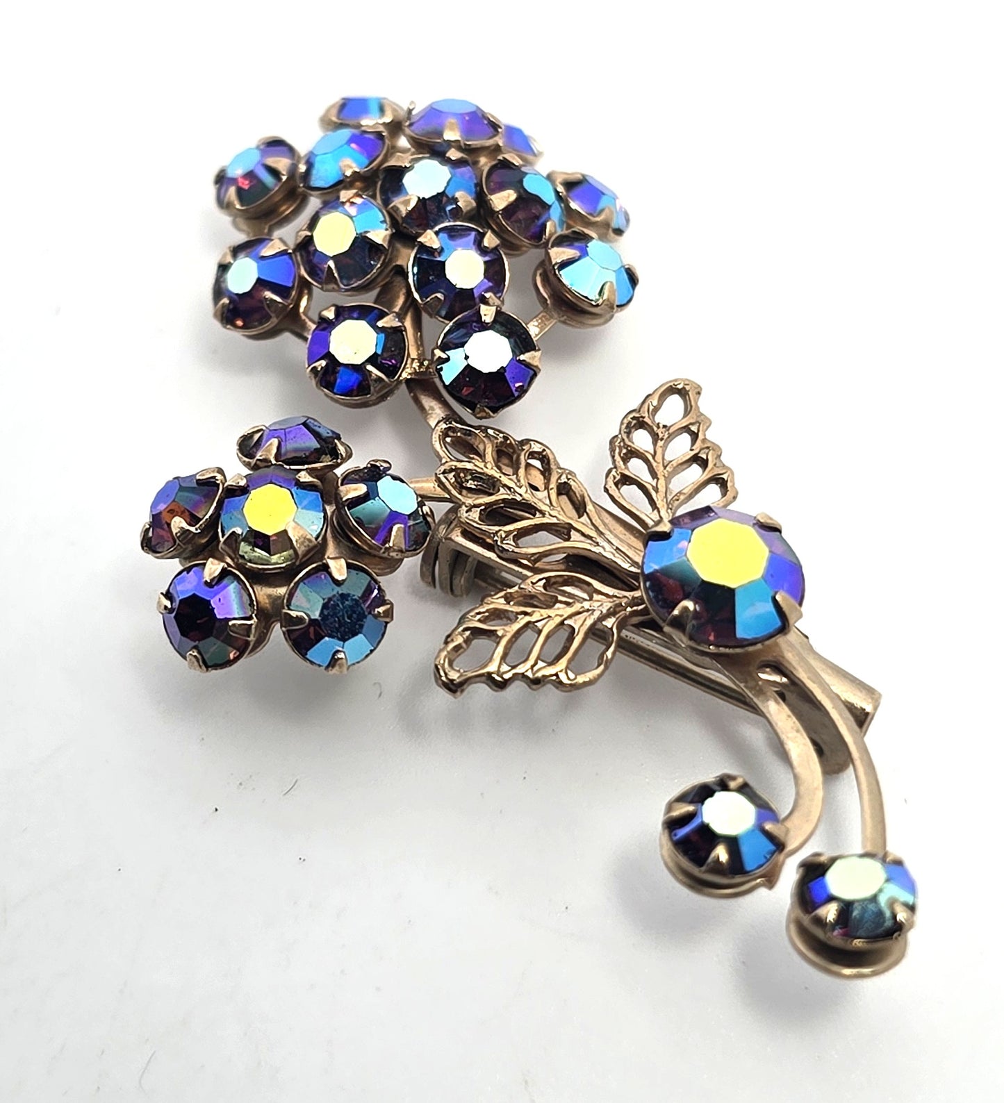 Peacock blue rainbow aurora borealis vintage rhinestone flower brooch