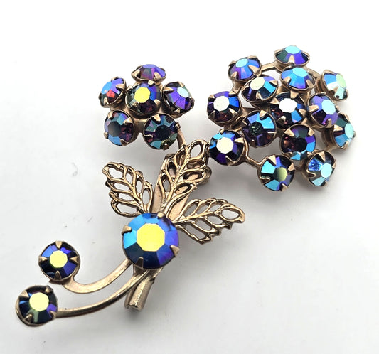 Peacock blue rainbow aurora borealis vintage rhinestone flower brooch