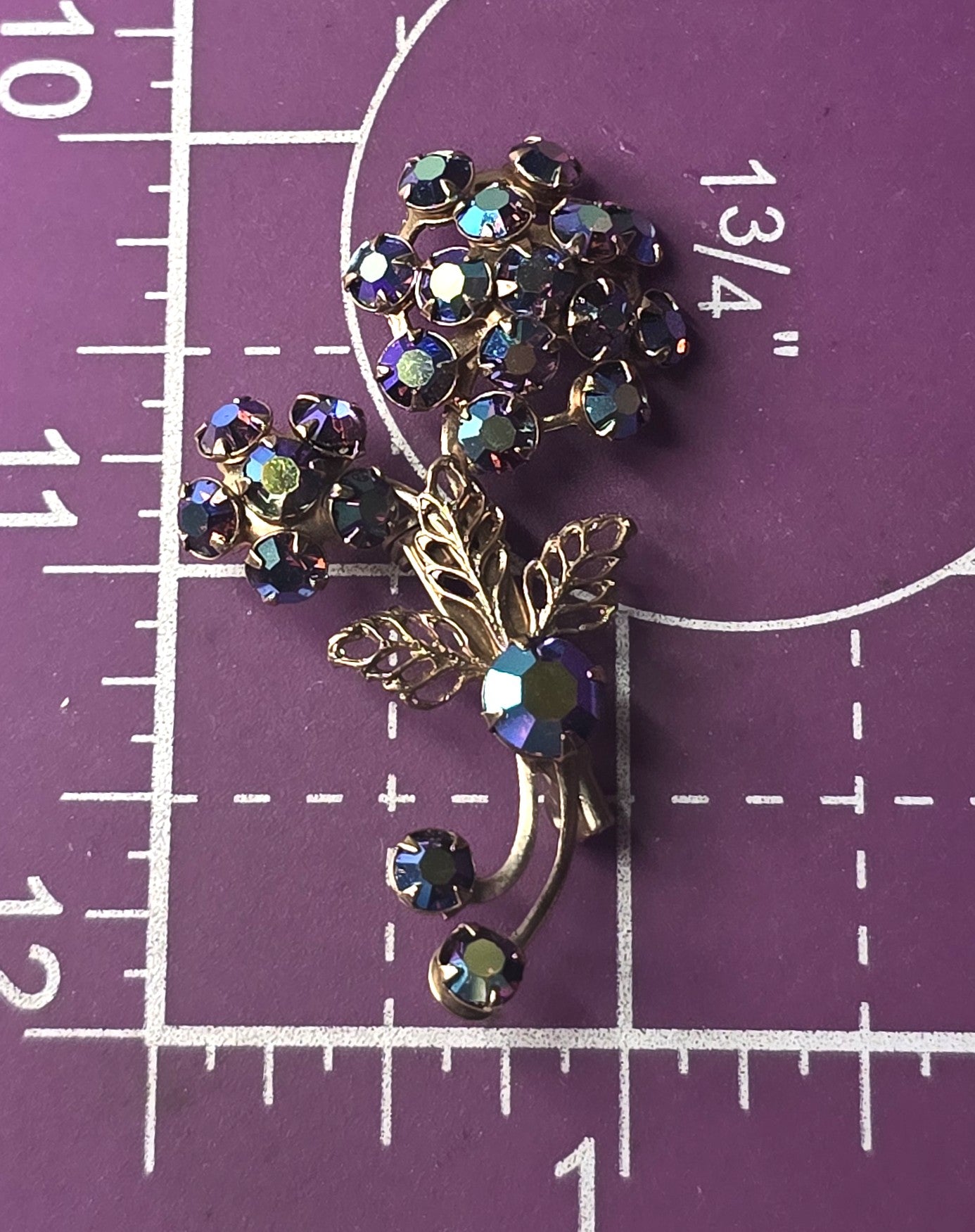 Peacock blue rainbow aurora borealis vintage rhinestone flower brooch