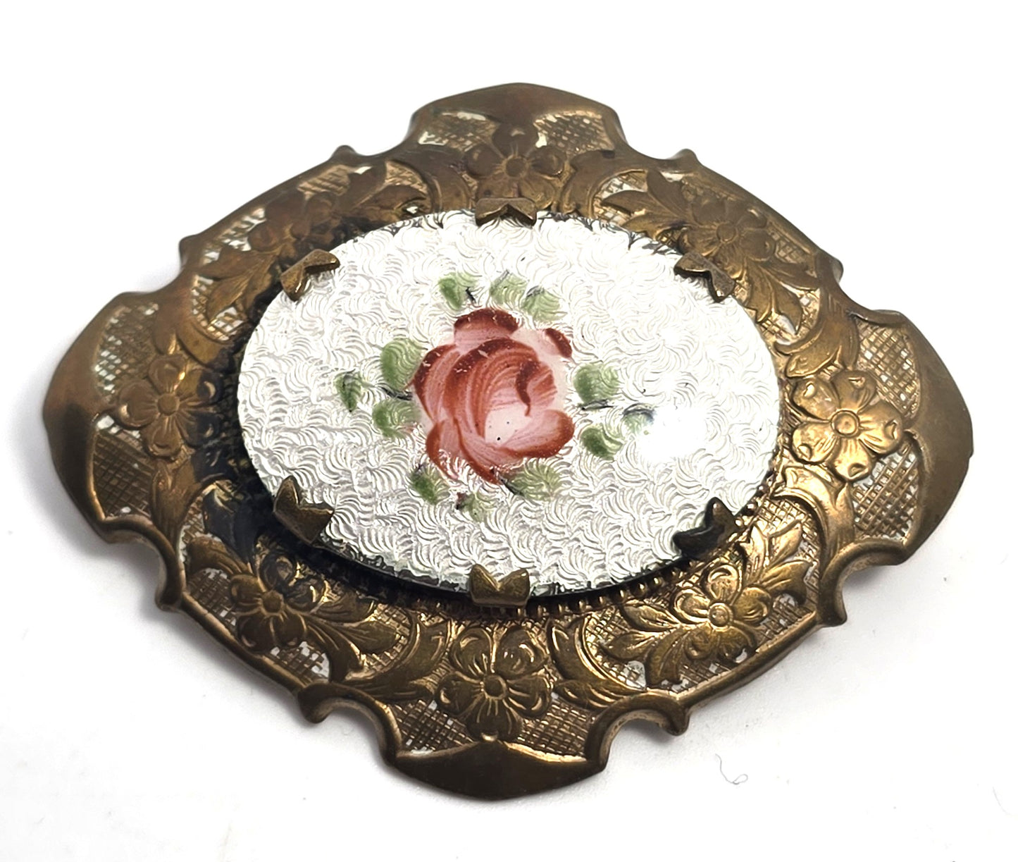 White Guilloche pink rose antique enamel gold filled brooch