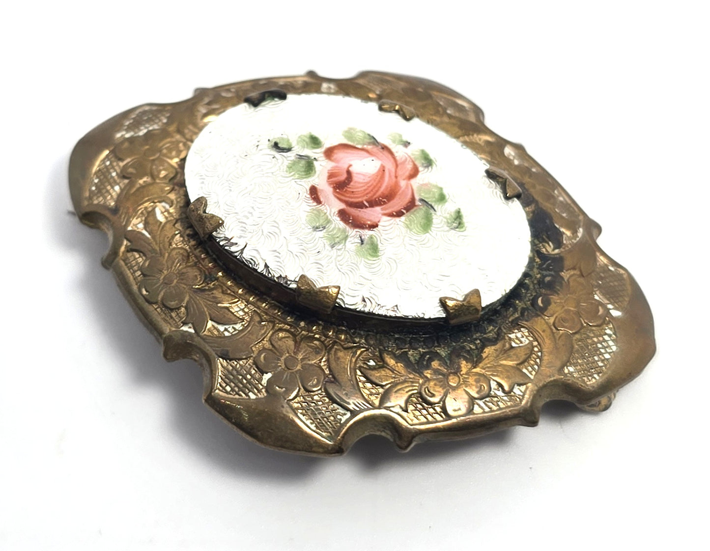 White Guilloche pink rose antique enamel gold filled brooch