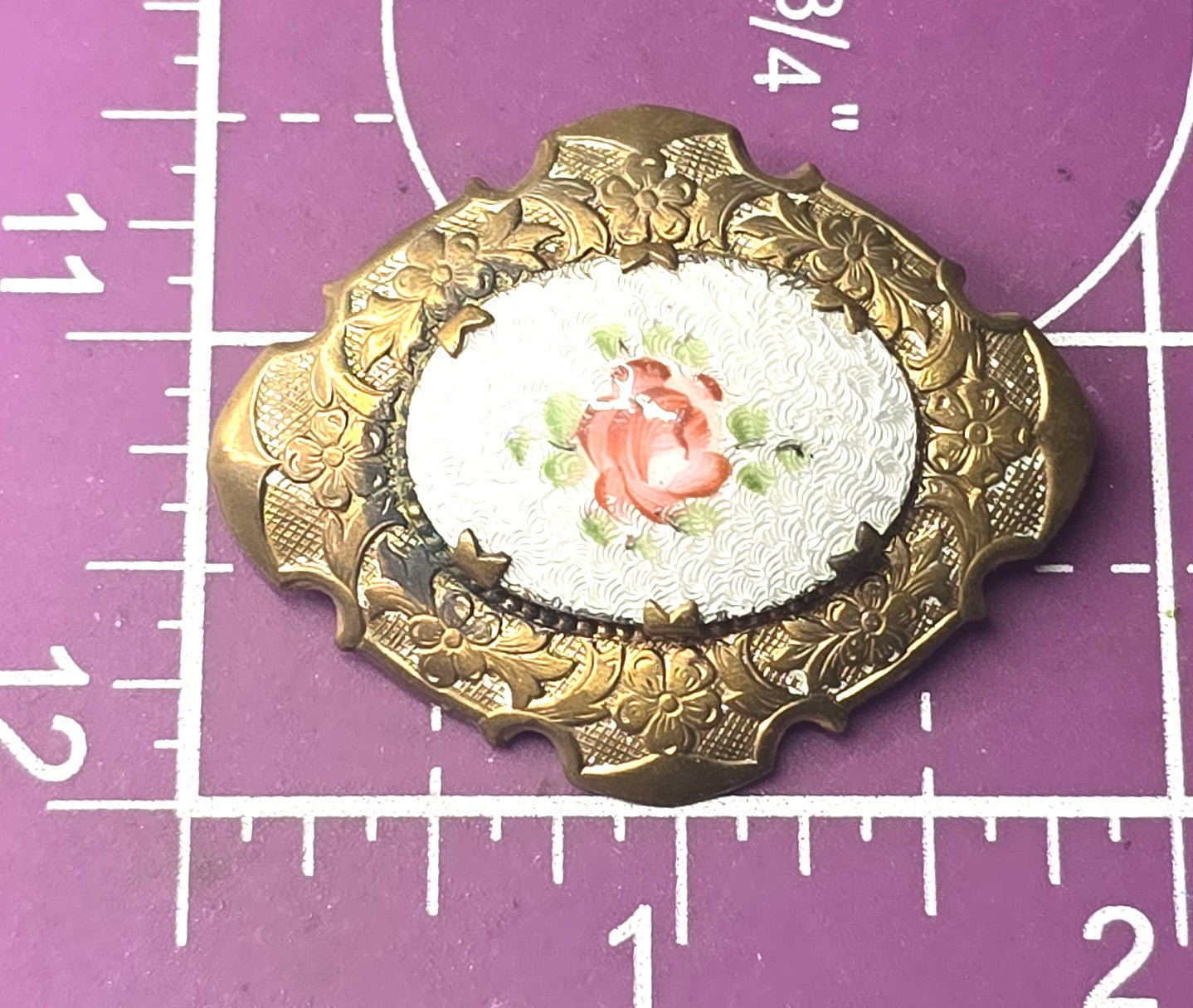 White Guilloche pink rose antique enamel gold filled brooch