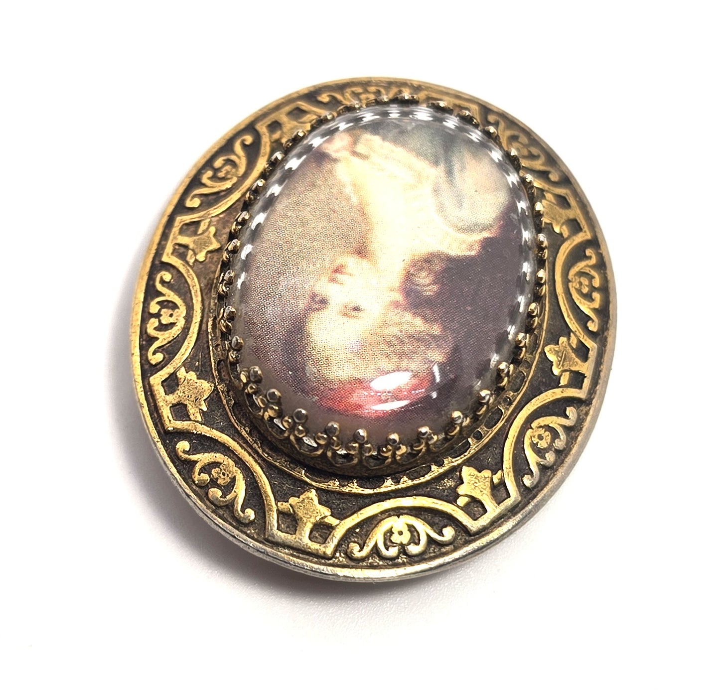 Victorian revival reverse painted glass cameo gold toned vintage brooch