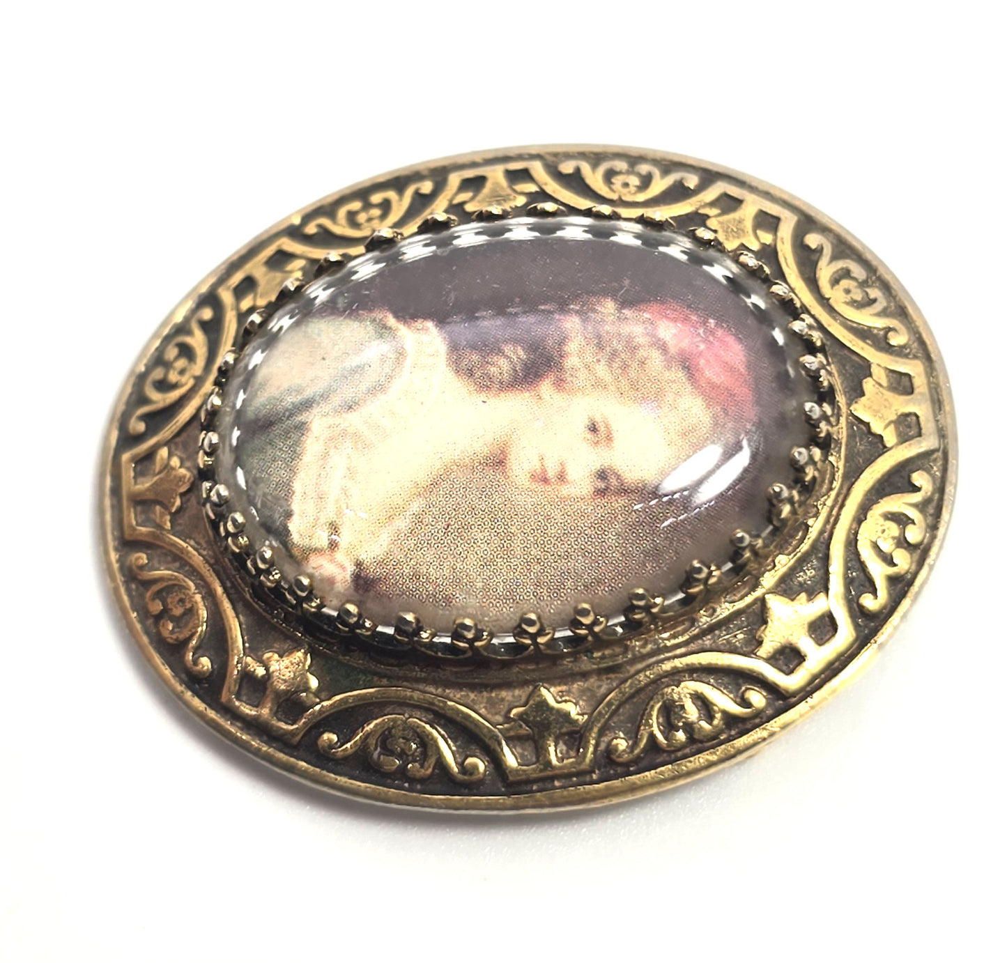 Victorian revival reverse painted glass cameo gold toned vintage brooch