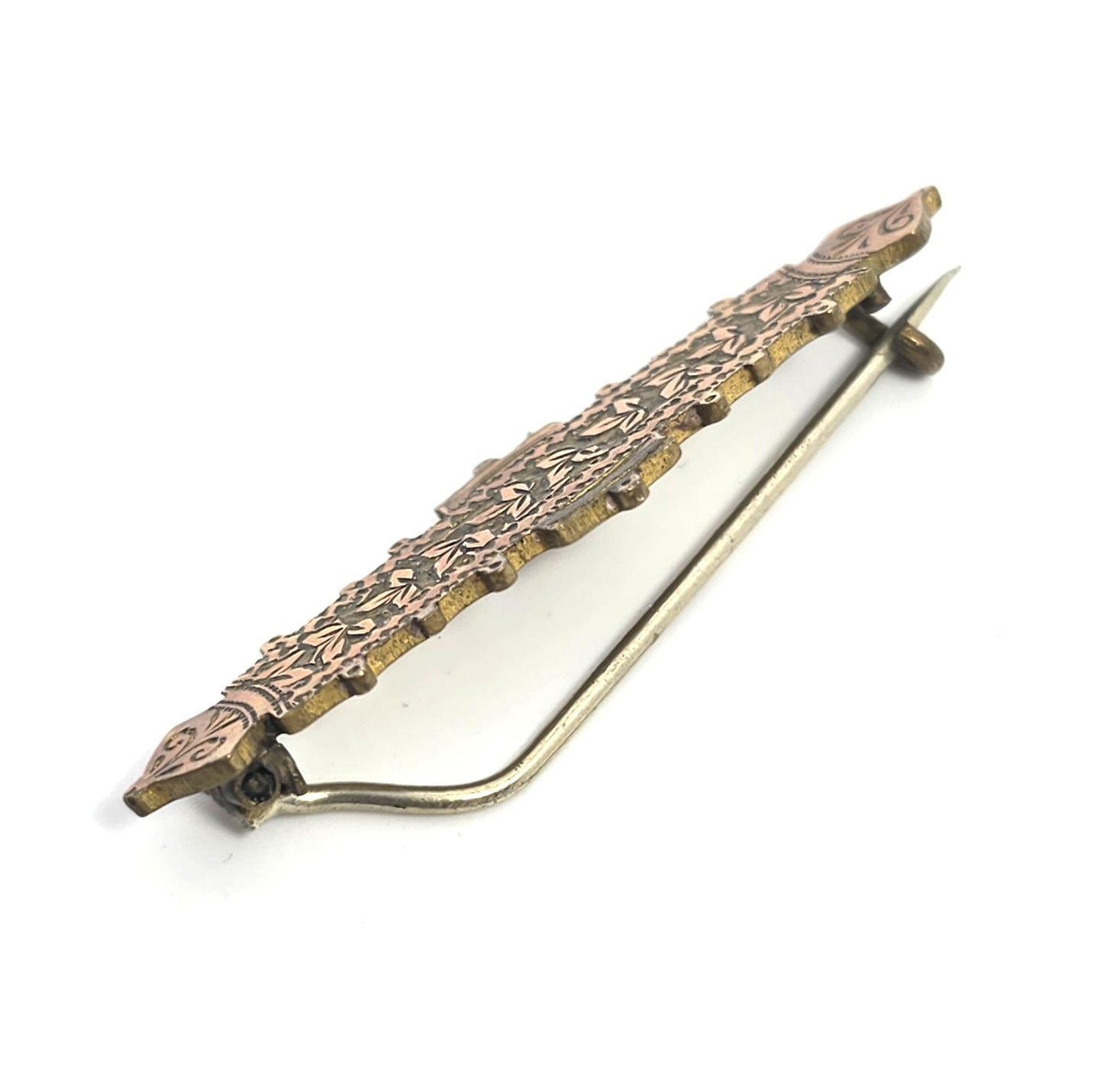 French Byzantine Ivy leaf yellow gold filled bar pin antique Victorian brooch