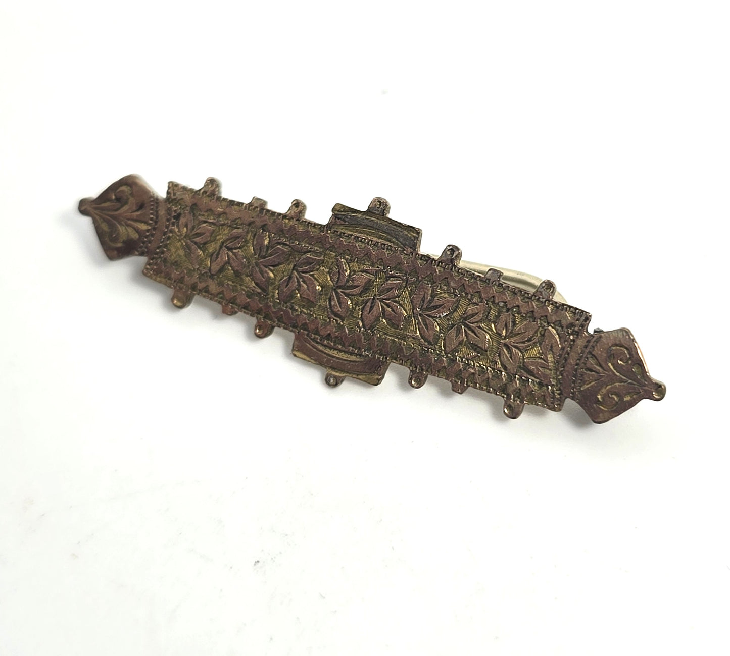 French Byzantine Ivy leaf yellow gold filled bar pin antique Victorian brooch