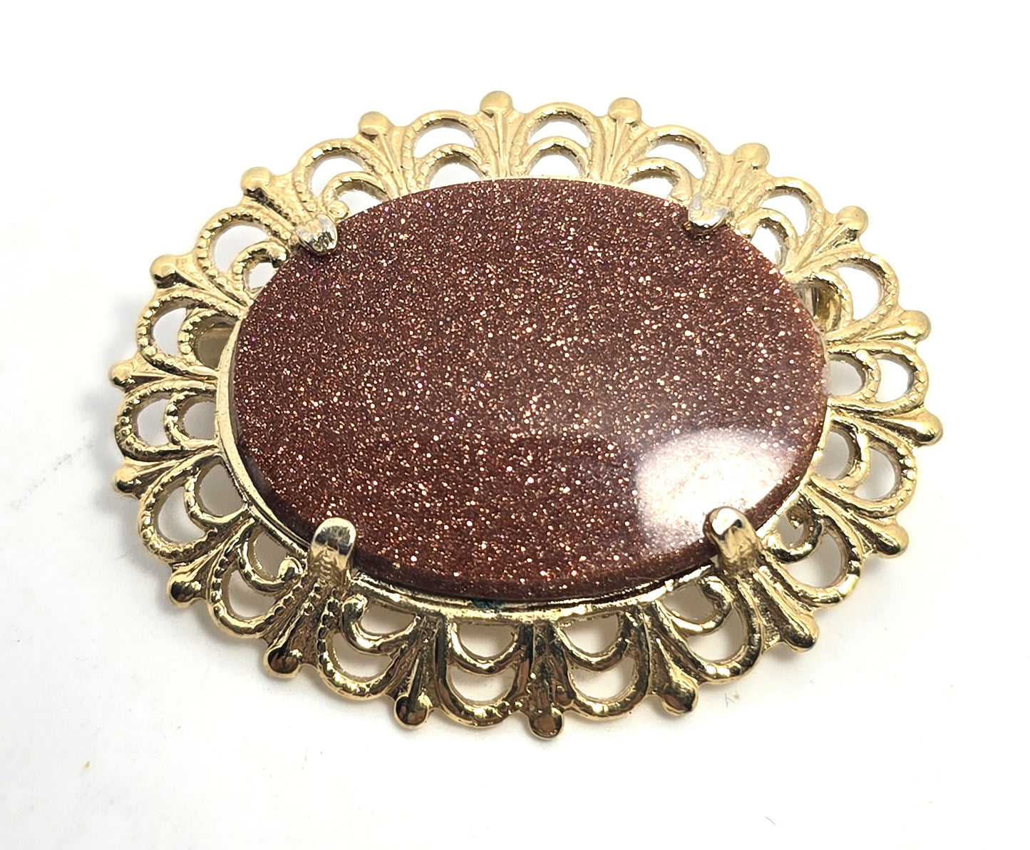 Victorian Revival Goldstone glass stamped brass vintage brooch pin