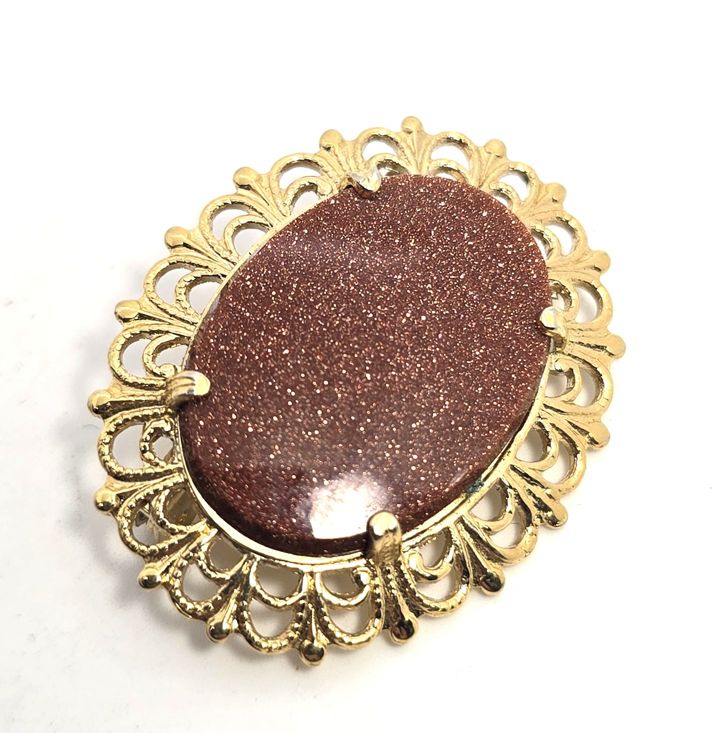 Victorian Revival Goldstone glass stamped brass vintage brooch pin
