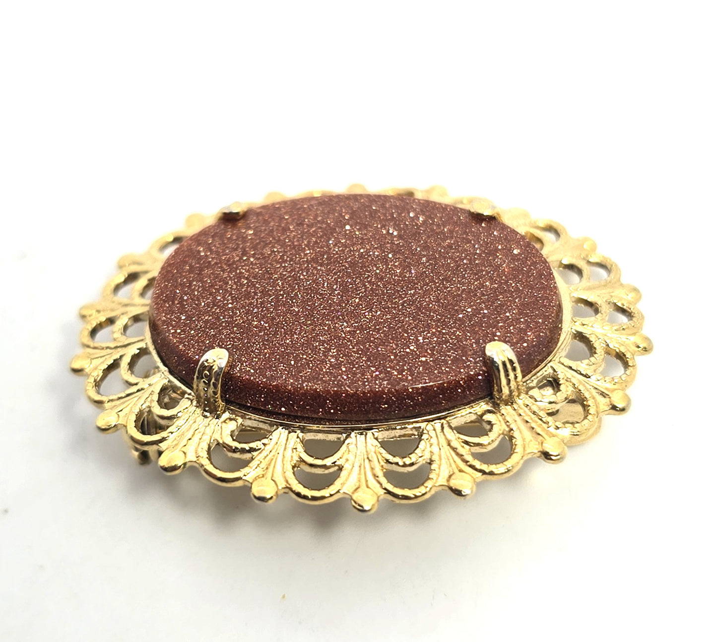 Victorian Revival Goldstone glass stamped brass vintage brooch pin