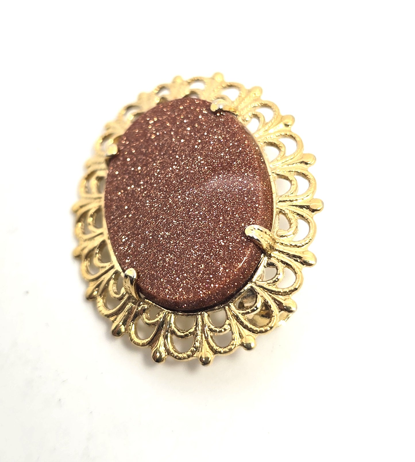 Victorian Revival Goldstone glass stamped brass vintage brooch pin