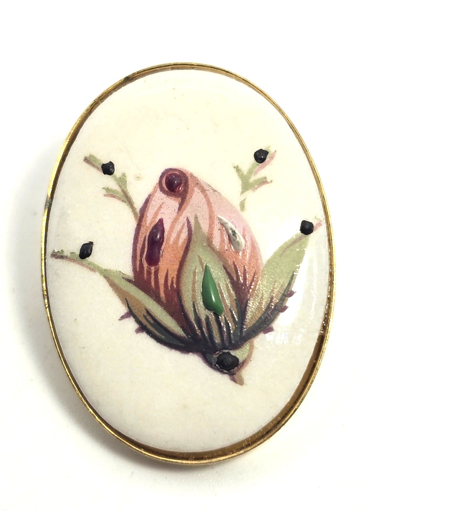 Pink Rosebud hand Painted Porcelain Cameo gold rimmed vintage pendant brooch