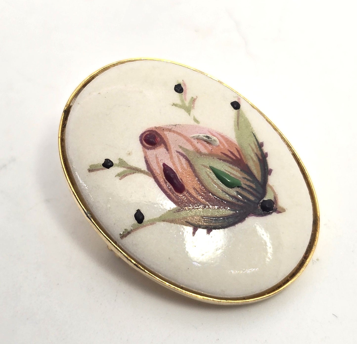 Pink Rosebud hand Painted Porcelain Cameo gold rimmed vintage pendant brooch