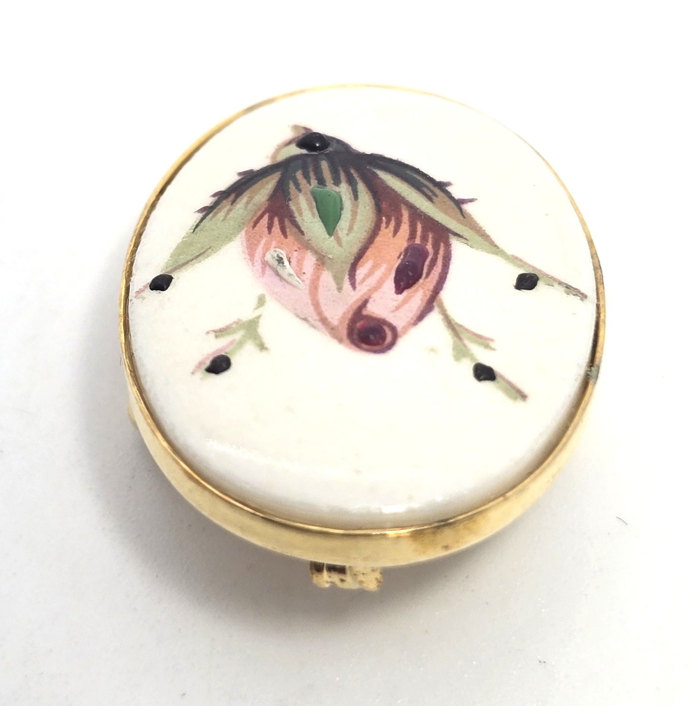 Pink Rosebud hand Painted Porcelain Cameo gold rimmed vintage pendant brooch