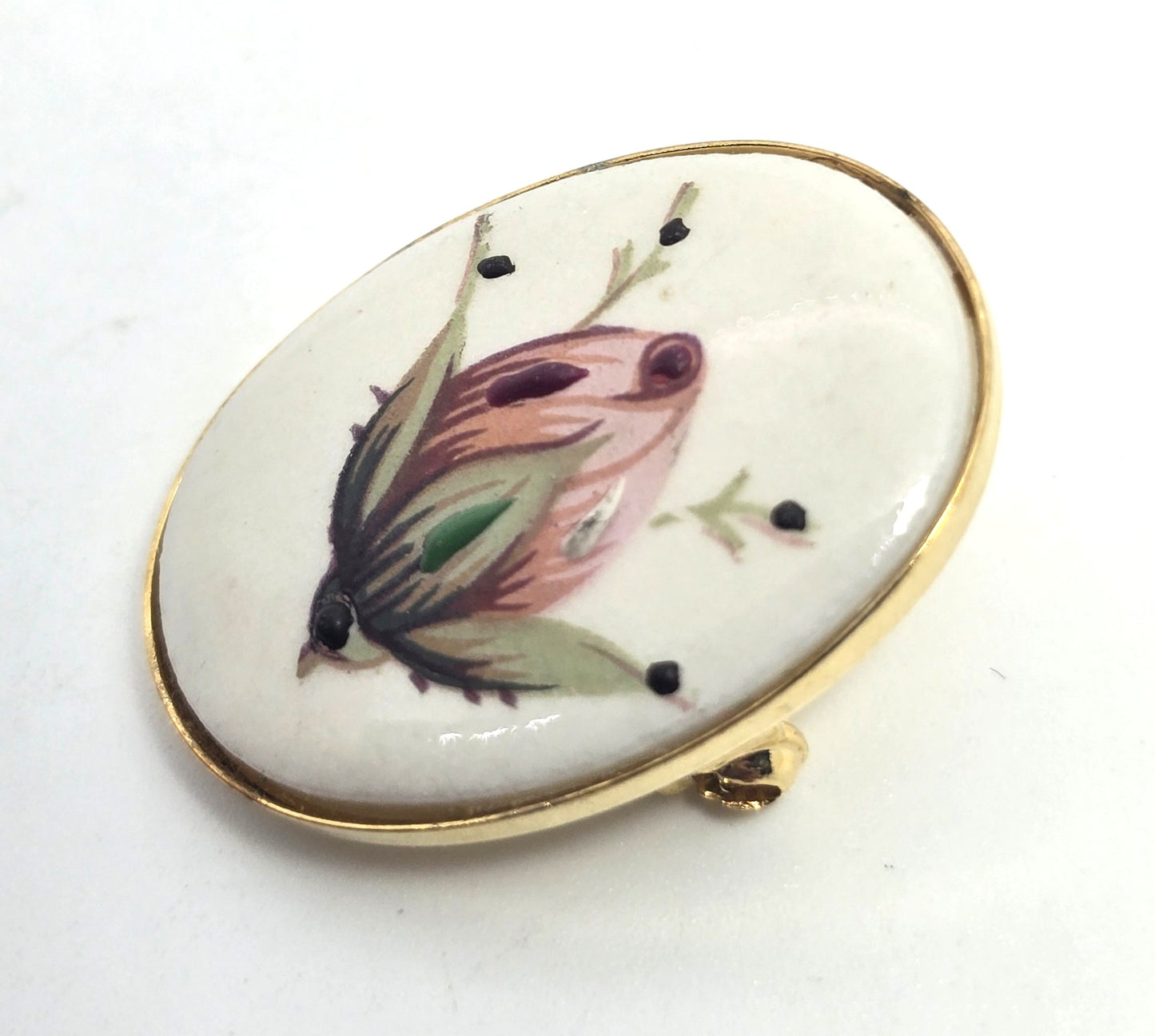 Pink Rosebud hand Painted Porcelain Cameo gold rimmed vintage pendant brooch