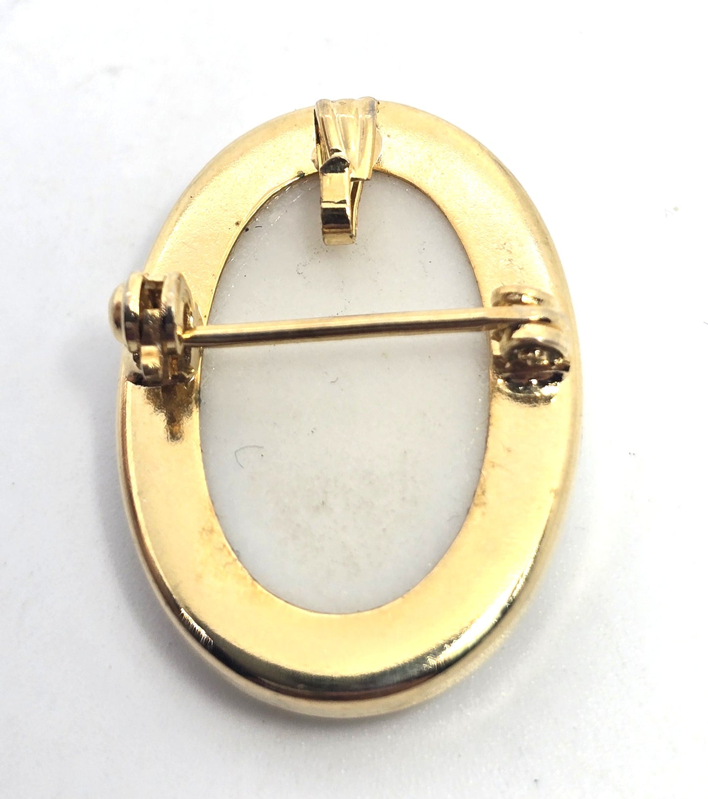 Pink Rosebud hand Painted Porcelain Cameo gold rimmed vintage pendant brooch