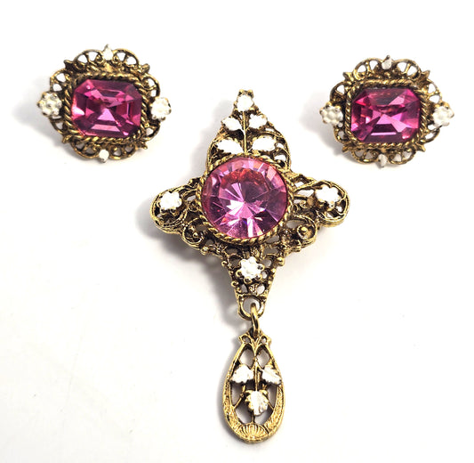 PL Pink rhinestone white enamel gold toned brooch and clip on earrings set