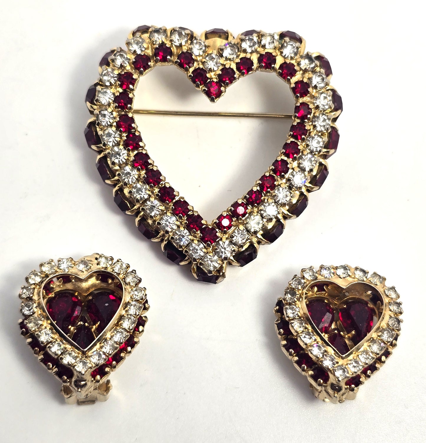 Clear and Red Rhinestone Early Joseph Warner Heart Brooch and Earrings