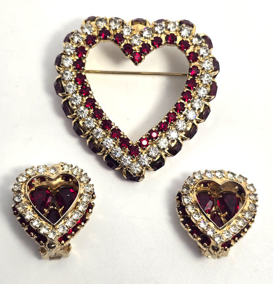 Clear and Red Rhinestone Early Joseph Warner Heart Brooch and Earrings